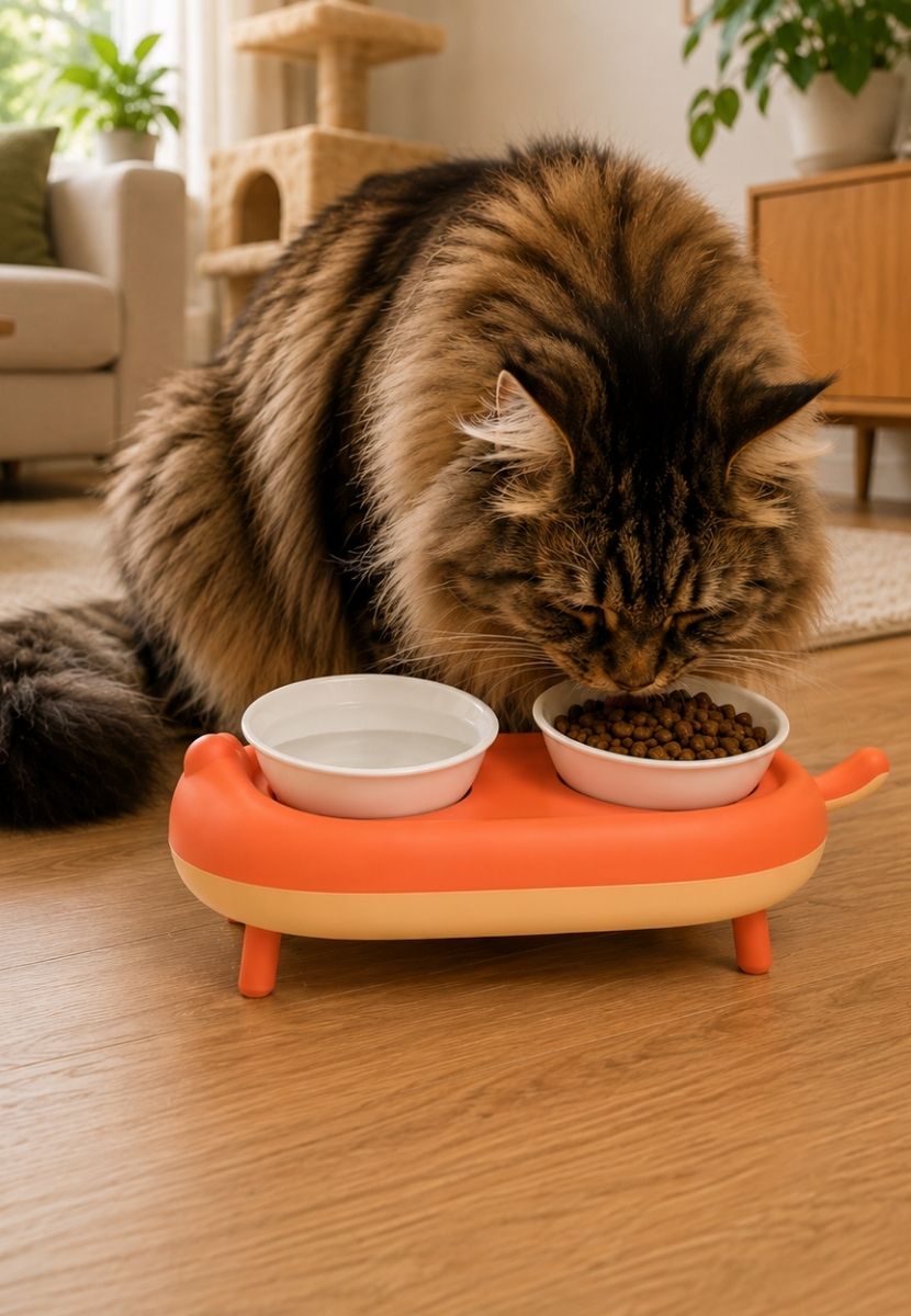 Comedero Elevado plato cerámica  Doble para Gato con Diseño de Gatito
