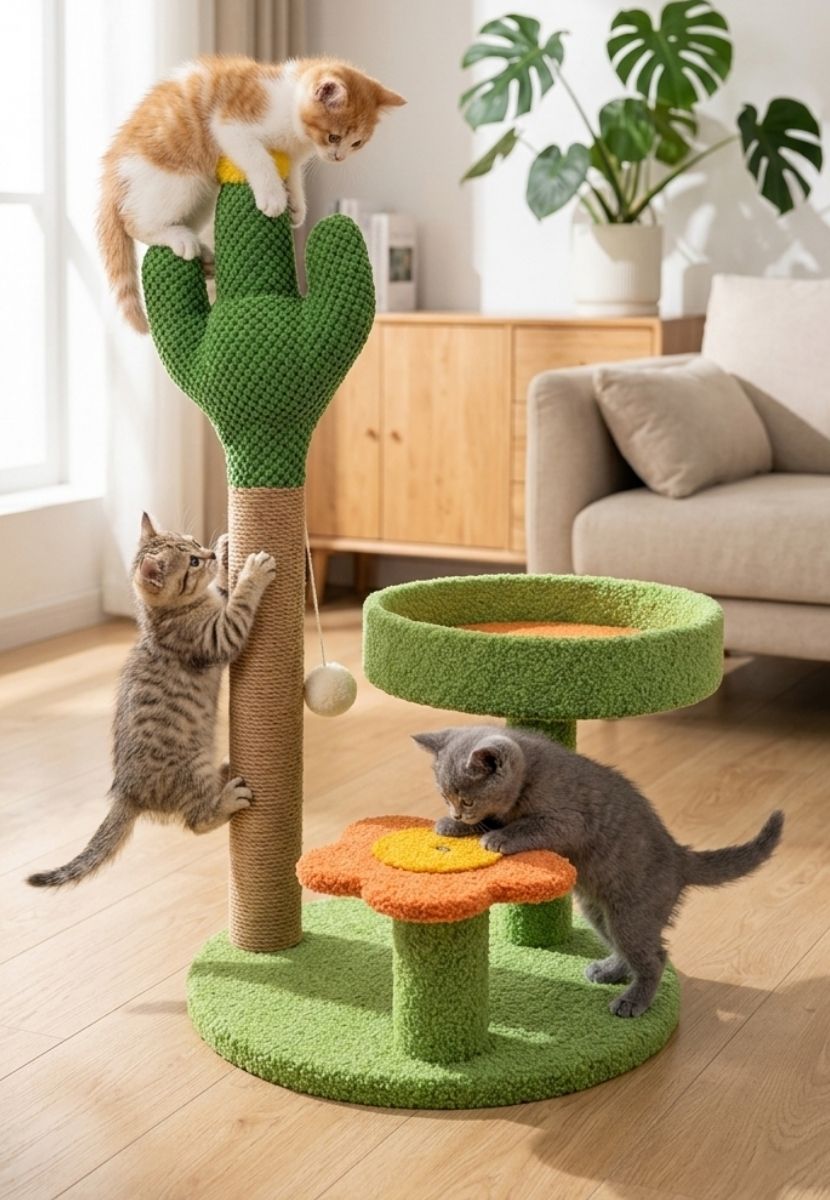 Rascador para Gatos Tipo Cactus con Plataforma y Juguete